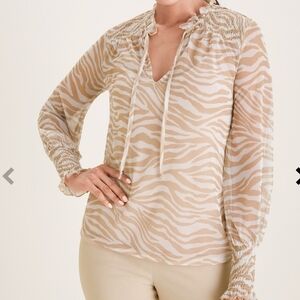 Chico's Zebra Print Long Sleeve Smocked‎ Mesh Top Size XL NWT